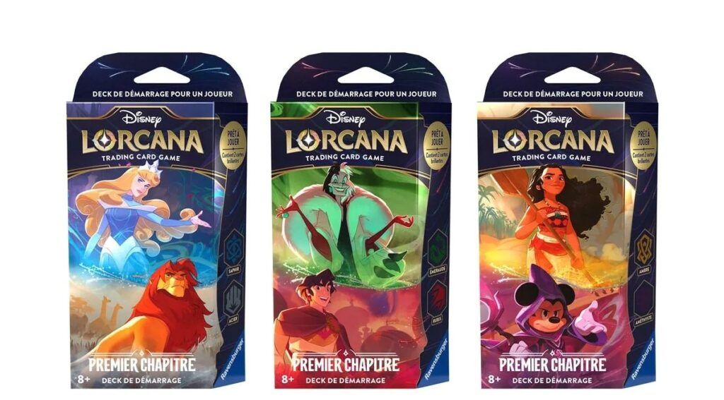 Les 3 deck de lanccement Lorcana : Aurore et Simba, Cruella et Aladdin et Moana et Mickey.