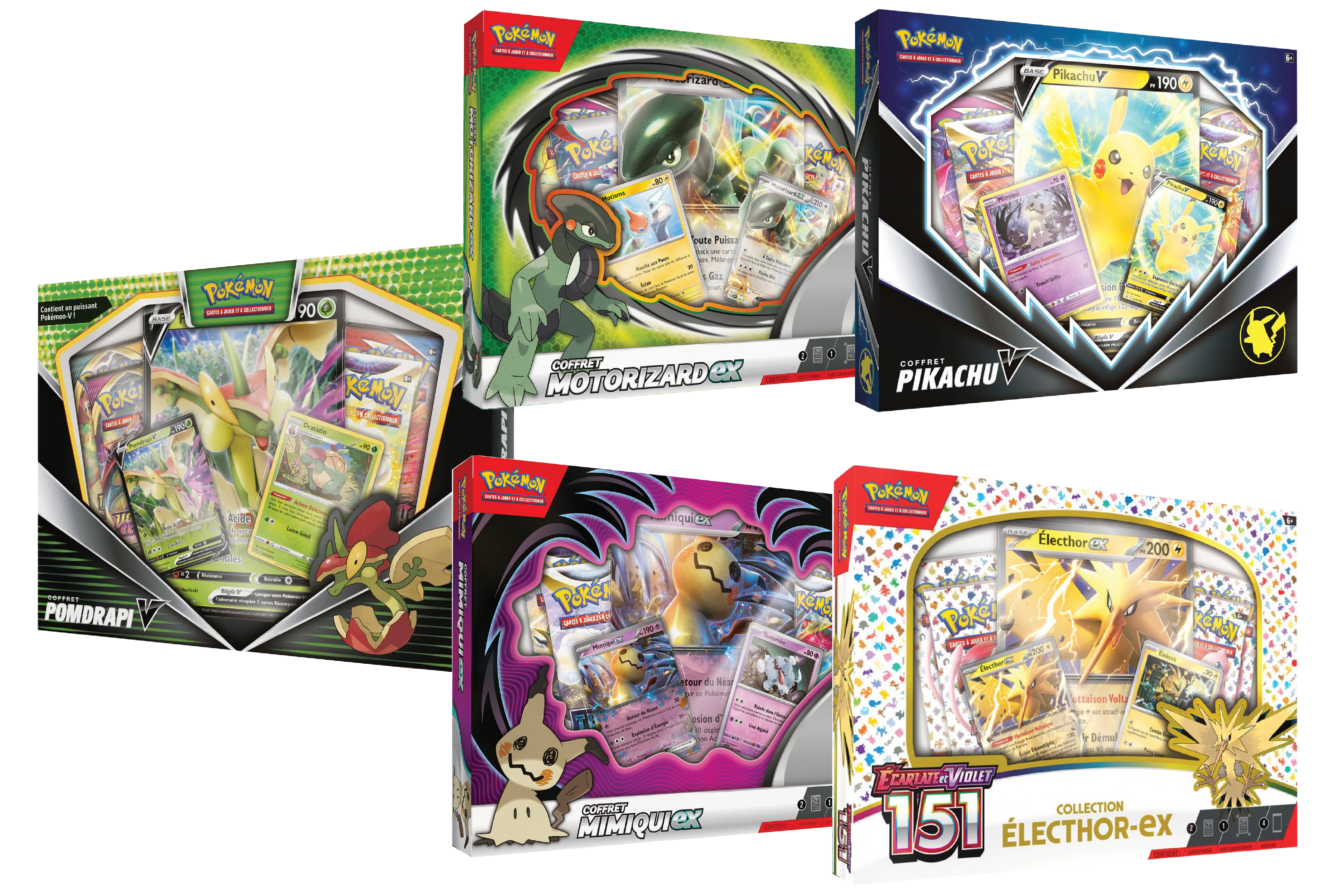 Bundle Pokémon 5 Coffrets : Electhor ex 151 - Motorizard ex - Pikachu V -  Mimiqui ex - Pomdrapi V FR- Le Coin Des Barons