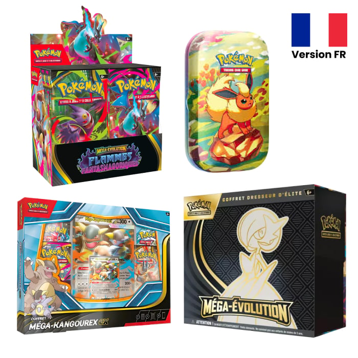 Pokémon - Pack - 1 ETB Méga-Évolution Gardevoir + 1 Display Flammes Fantasmagoriques + 1 Coffret Méga Kangourex + 1 Mini-Tin Évolutions prismatiques - En français