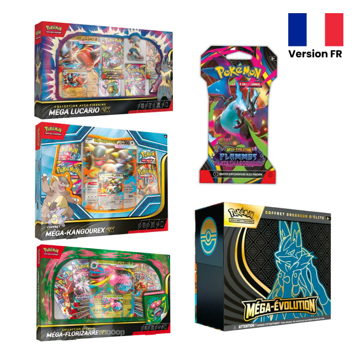 Pokémon - Pack - 1 ETB Méga-Évolution Lucario + 1 Coffret Méga Kangourex + 1 Coffret Méga Lucario + 1 Coffret Méga Florizarre + 1 Blister ME02 - En français