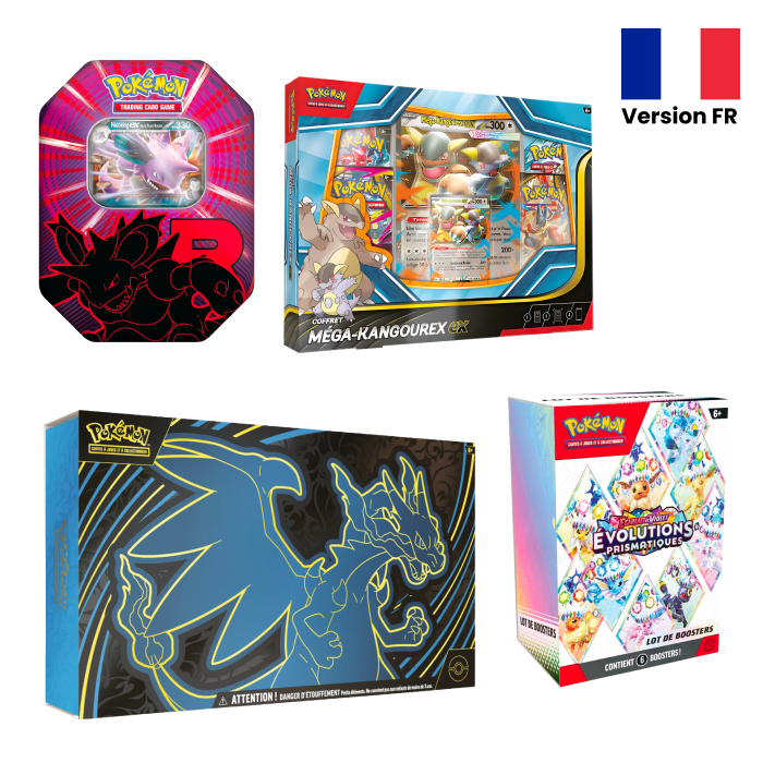 Pokémon - Pack - 1 UPC Méga Dracaufeu X -+1 bundle Évolutions prismatiques + 1 Pokébox Team Rocket + 1 Coffret Méga Kangourex - En français
